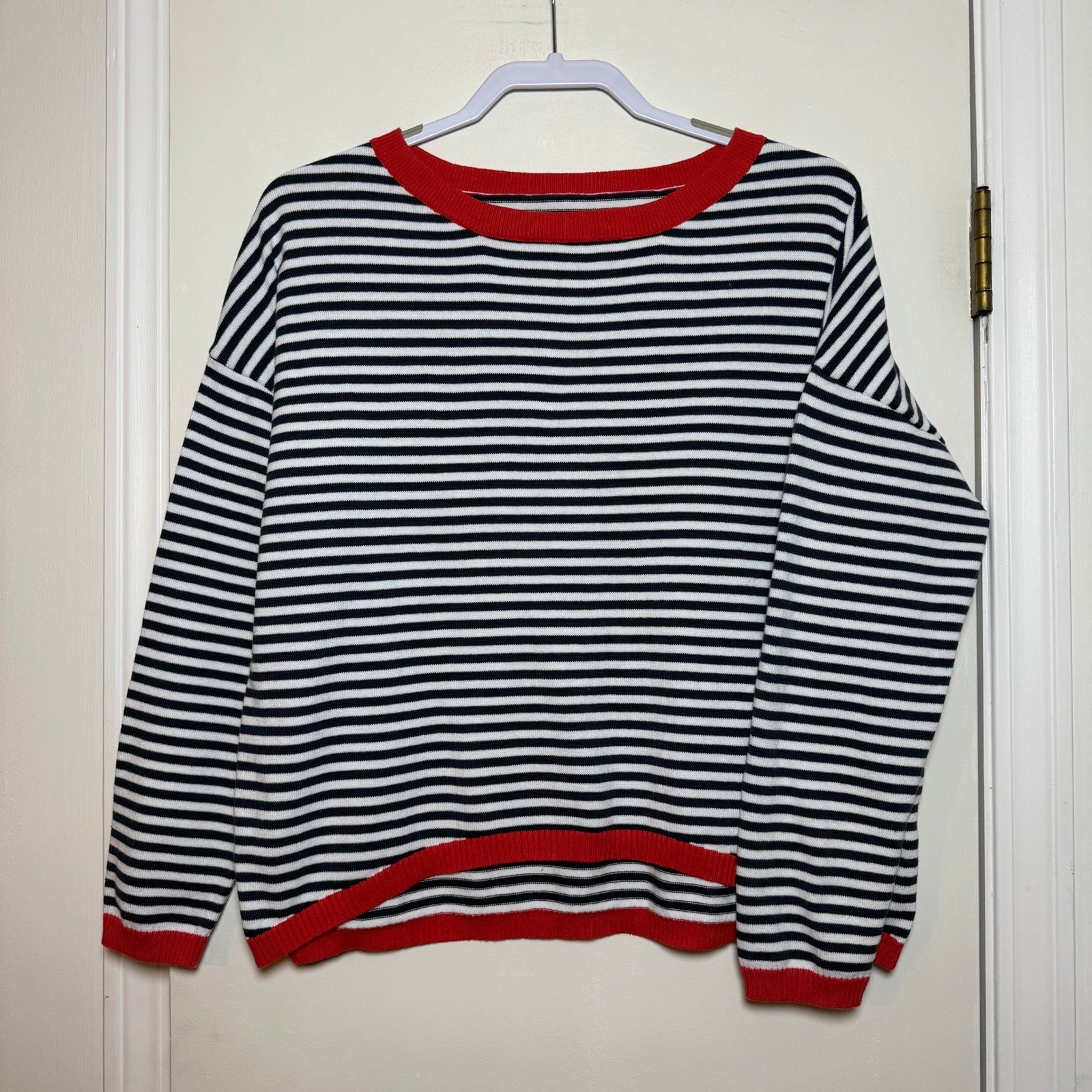 Striped Crewneck Sweater Women Size M Navy White Red Cotton Long Sleeve Casual