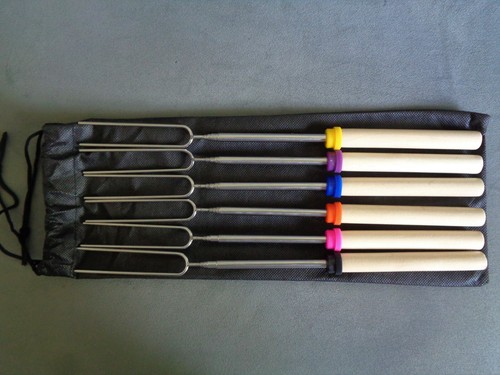 SET OF 6 DOUBLE PRONGED EXTENDING TELESCOPIC COLOURED BARBECUE SKEWERS BRAND NEW
