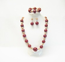 26 Round Reddish Brown w/Tan Wood Bead Necklace/Bracelet/Earrings Set