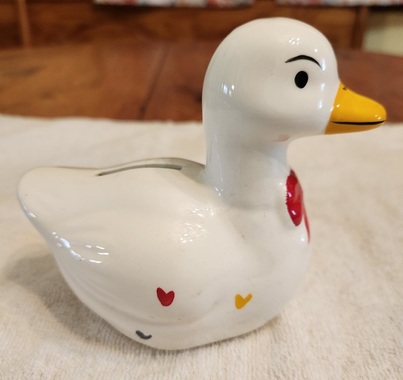 Kitsch Ceramic White Duck Bank With Colorful Hearts. No Chips Made In Taiwan