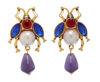 Boucles d'oreilles "abeille" en plaqué or 18K, une perle et des cristaux - Photo 1/4