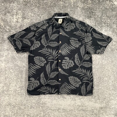 Jamaica Jaxx Hawaiian Shirt Mens XL Black Textured Silk Floral Print Loop Collar