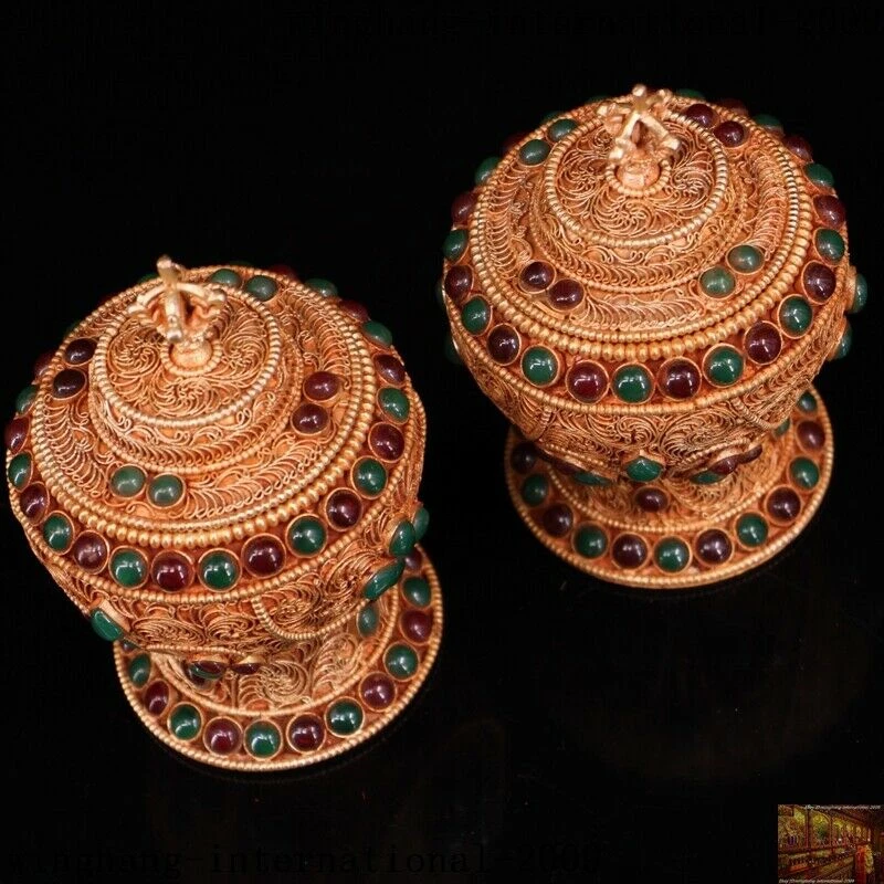 4"Old Tibet Buddhism silver Gilt Inlay gem Buddha's Relics Shariputra box Boxes - Image 3 of 4