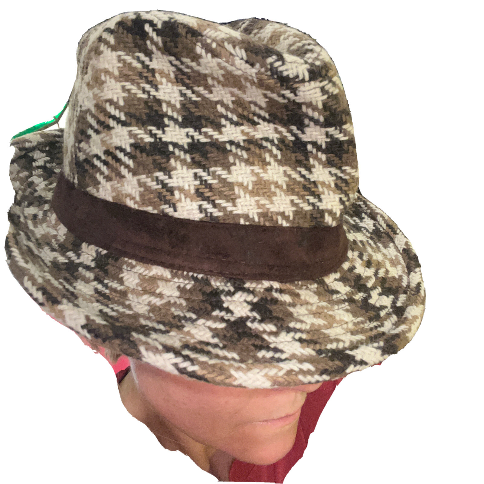 Plaid Brown Houndstooth Fedora Hat Checkered Woven Detective Gangster Mobster Style OS-image