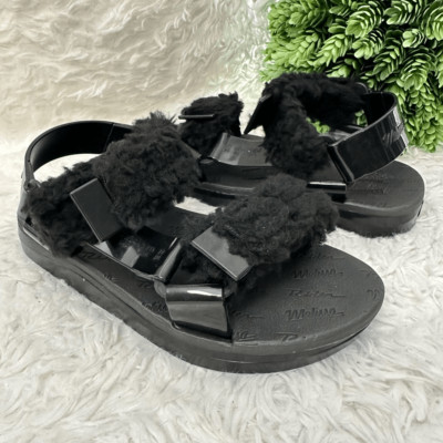 Melissa Papette Fluffy Rider Faux Shearling Sandals in Black sz 5 USA new