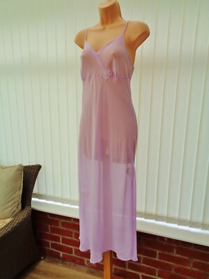 S63 Vintage Chaslyn ultra transparentes fliederfarbenes Chiffon 70er Nachthemd M 12/14 (16) 40'' neu ohne Etikett