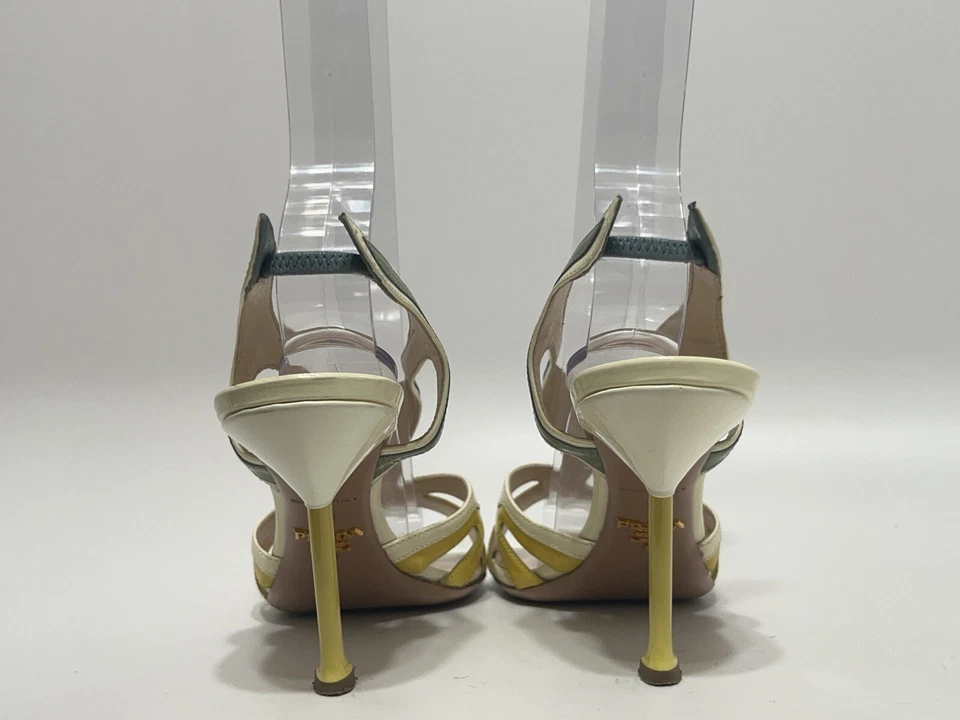 Vtg PRADA SS2012 WHITE YELLOW PATENT LEATHER SANDAL HEELS 38 - Image 3 of 4