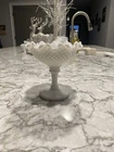 Vintage Diamond Point Ruffled Edge Milk Glass Pedestal Dish