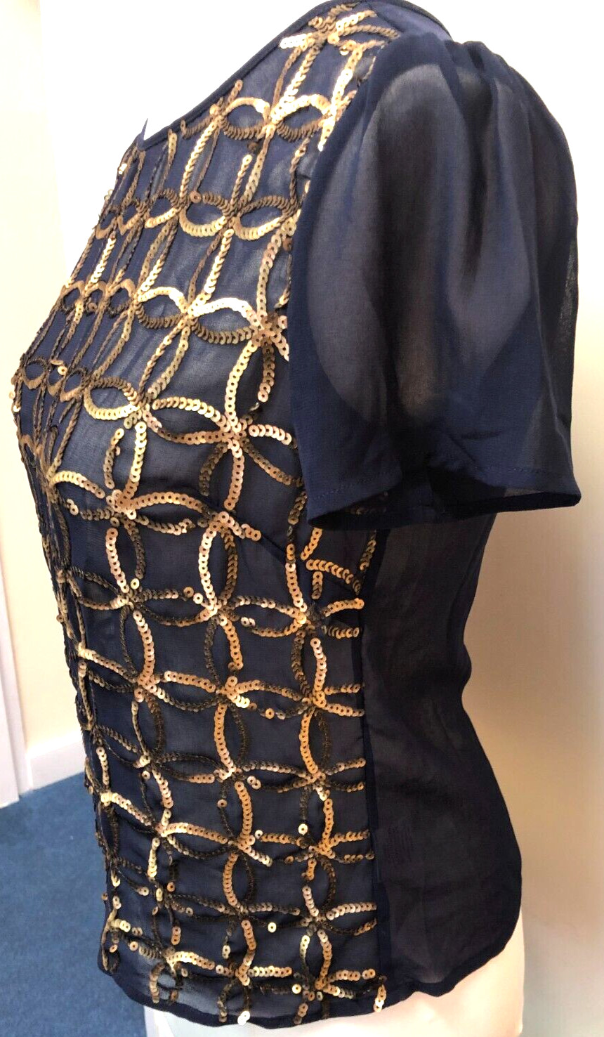 Maison Jules Womens Top Small Navy/Gold Sequined Short Sleeve Round Neck image 5