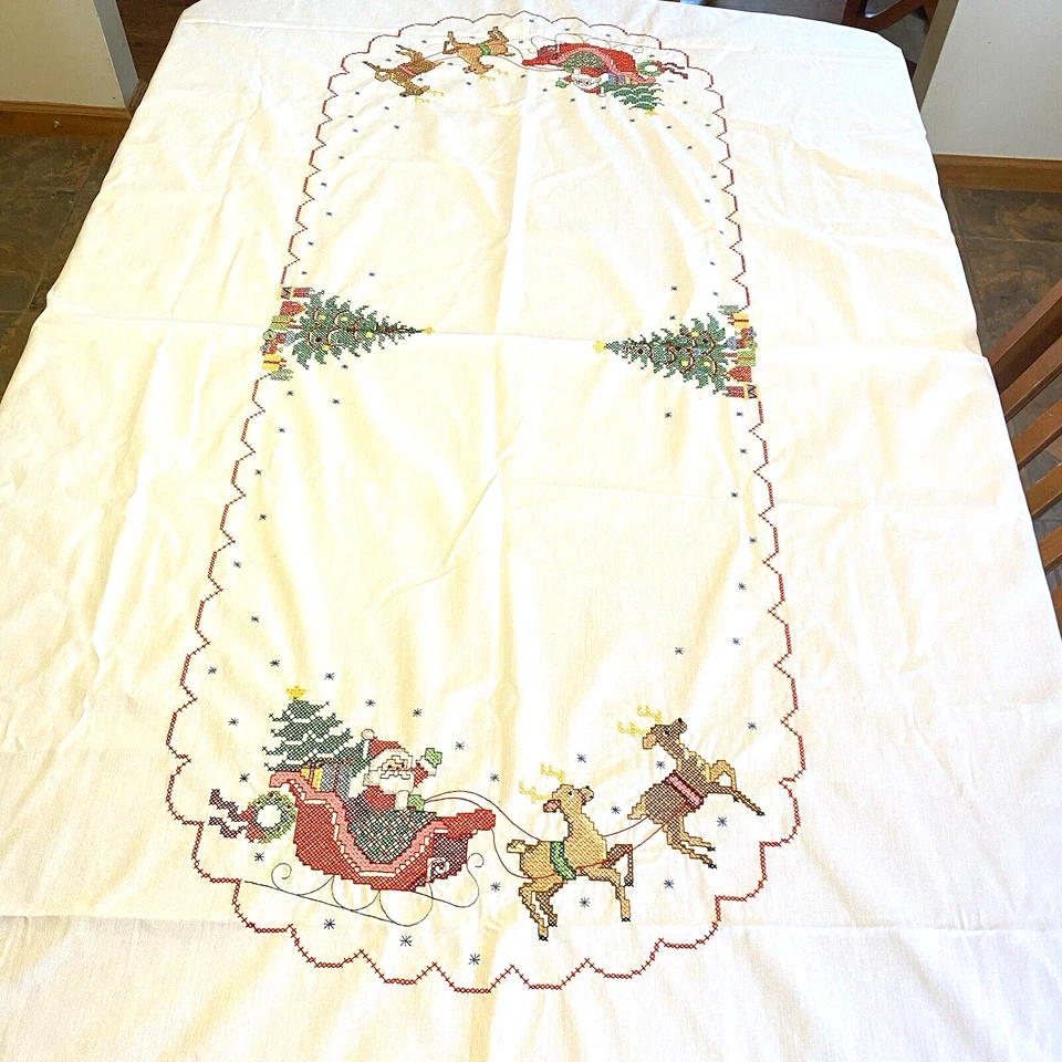 Vtg Cross Stitch Embroidery Handmade Christmas Tablecloth 100 X 58 Rectangle NEW - Image 2 of 4