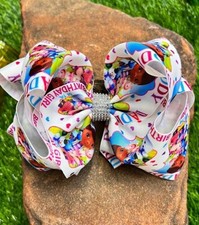 BRAND NEW WITH TAGS Birthday Girl Print Hair Bow with Rhinestone Center