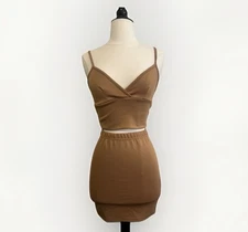 Women's Beige Two Piece Outfit Bodycon Vintage Crop Top & Short Skirt Set Sz XS