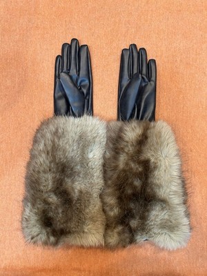Apparis Robi Faux Fur Trim Faux Leather Gloves - Black/Tan - Size S/M - EUC