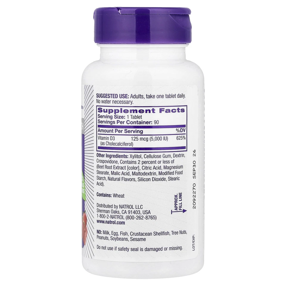 Vitamina D3, Fresa, 5.000 UI, 90 Comprimidos Foto 2 de 3