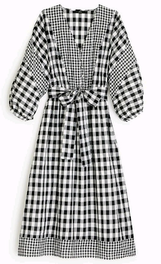 J Crew Dress XS Gingham Midi Cottage Peasant Bohemian Boho Cotton Belted New