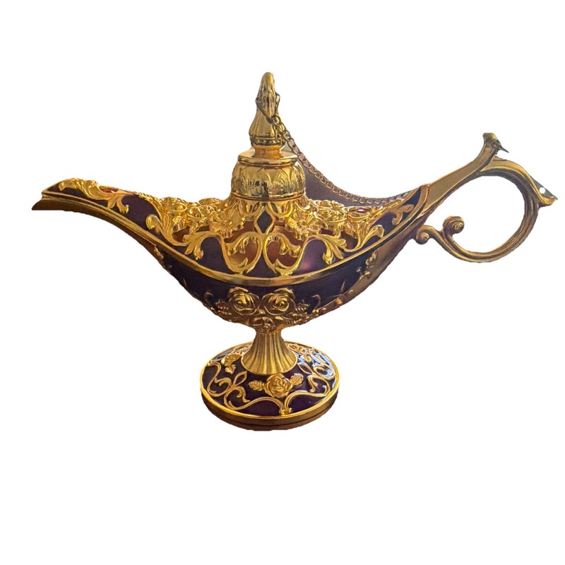 Metallic Gold Blue Purple Genie Lamp Figurine, Floral Pattern, 3D Effect