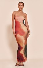 PLT Rust Abstract Onion Skin Bandeau Print Maxi Dress Size AU 12 NWT RRP $60