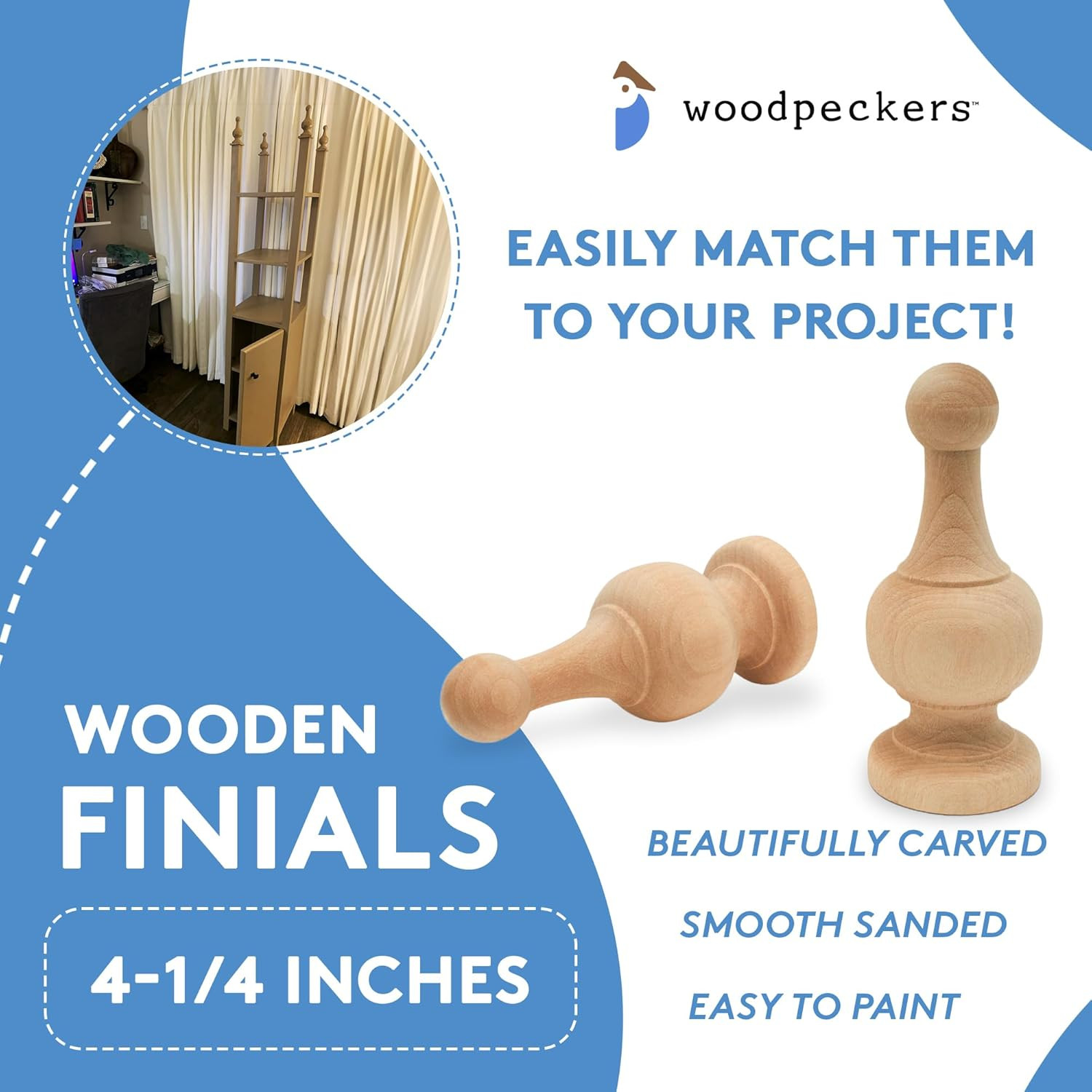 Unfinished Wood Finials Decorative, 4-1/4 Inch, for Bed Post Finial, Curtain Rod