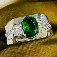 3.50carat Oval Cut Natural Emerald with Diamond Men's Ring 950PT Platinum Plated