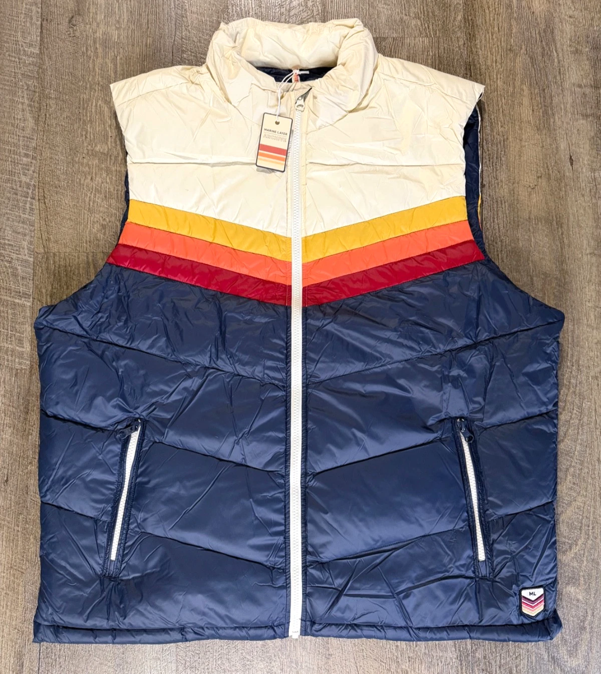 New Marine Layer Archive Boreal Puffer Vest Navy White Stripe Chevron Jacket XXL image 1