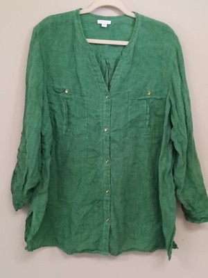 J. Jill Love Linen 2X Green Button Front Relaxed V Neck Tunic Minimalist Casual