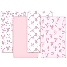 4 PCS Coquette Pink Bows Fitted Baby Crib Mattress Bed Sheet 52x28 Inch