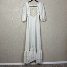 VTG 70s Prairie Maxi Dress Womens XS Ivory Puff Sleeve Boho Wedding Bridal Beach