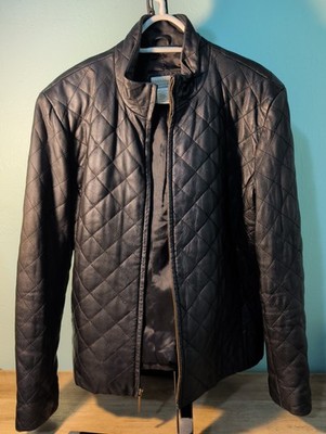 Coldwater Creek Women L Black Quilted Genuine Leather Jacket Coat Mock Neck...