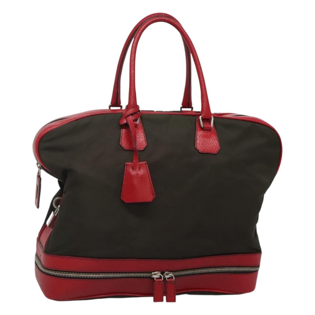 PRADA Hand Bag Nylon Leather Khaki Silver Auth bs24484