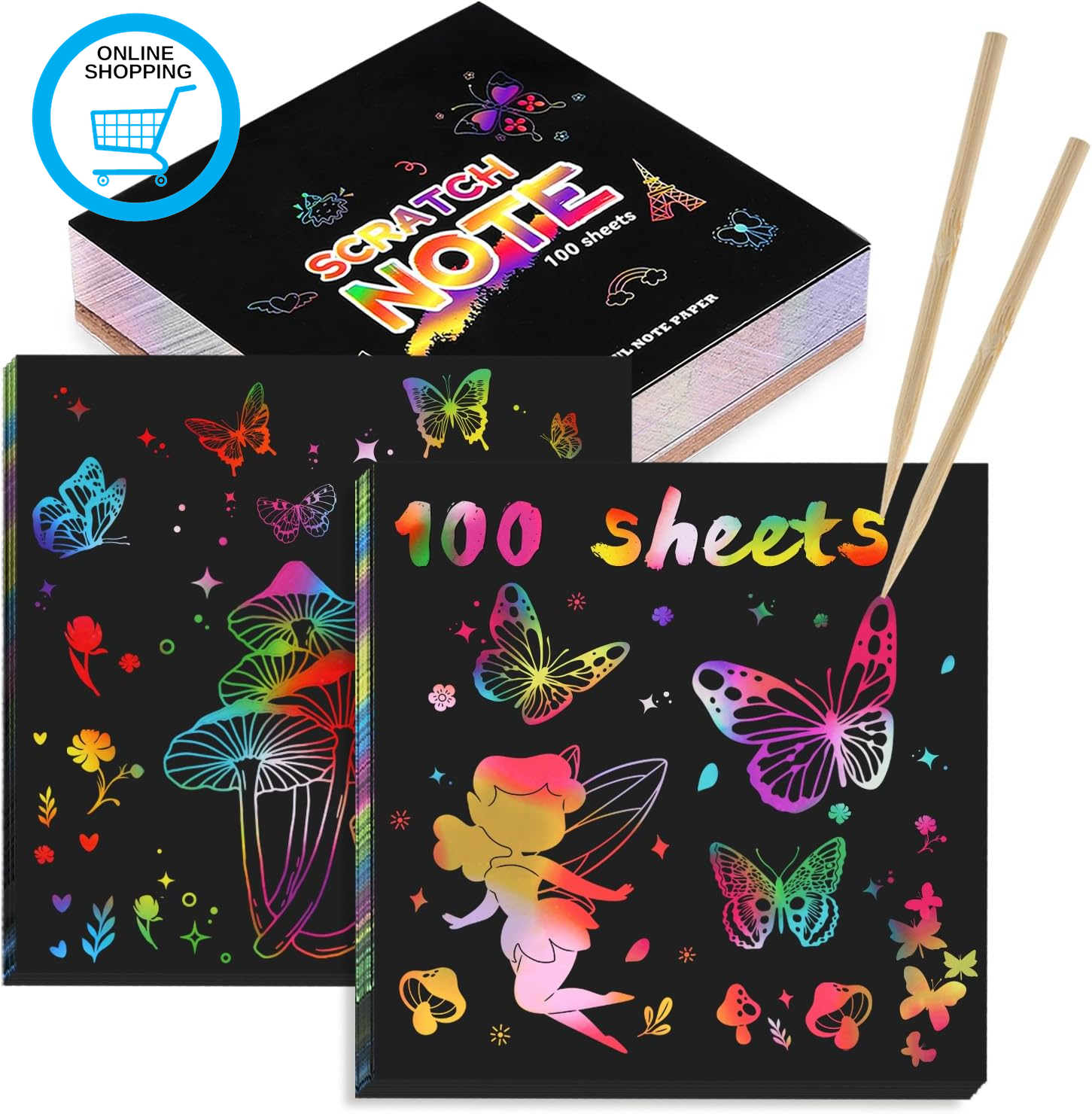 100 Pcs Rainbow Scratch Art for Kids, 8.5Cm X 8.5Cm Magic Scratch Paper Set with