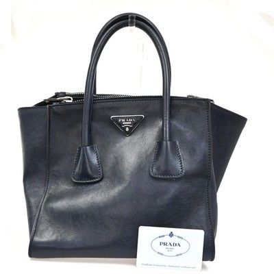 PRADA Logo Shoulder Hand Bag Glace Calf Leather Navy Blue Baltico SHW 35KC277