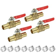 4 Sets 1/2" Brass Ball Valve Shut off Valve Hose Barb with Clamp Red Handle