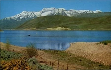 Deer Creek Reservoir Utah Mt Timpanogos boat aerial view ~ 1950-60s postcard