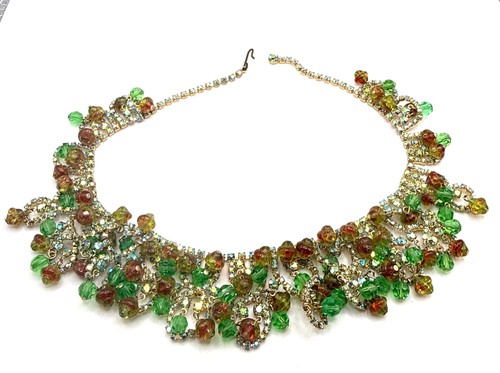 Vintage Alice Caviness beaded rhinestone crystal choker neckalce green red ab