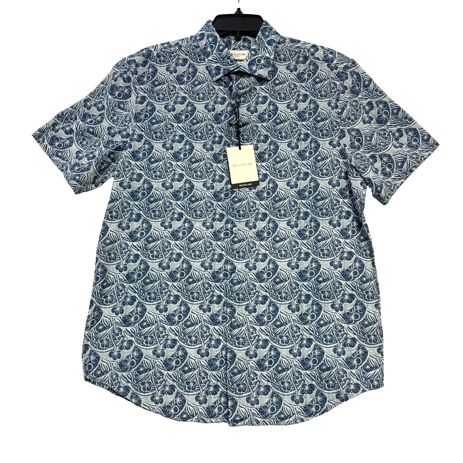 Bugatchi Mens Cotton Linen Shirt Indigo Floral Print Shaped Fit Small NWT $225