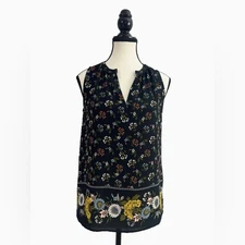 LOFT Floral Sleeveless Casual Black Top - Size XXSP