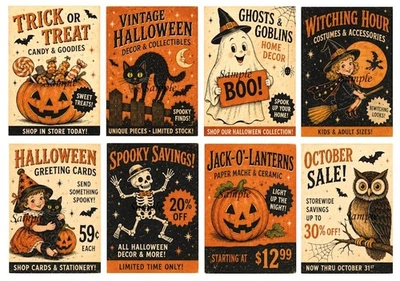 Vintage Retro Halloween Cat Witch Skeleton Pumpkin Ghost 8 x Gift Tag Card Craft - image 1 of 2