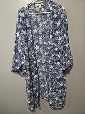 Kimono Cardigan Womens L/XL Lightweight Boho Blue White Stars Cover-up Concert