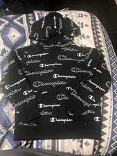 Champion Boys Black Allover Logo Fleece Pullover Hoodie w/ Pockets Size S