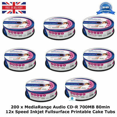 200 x MediaRange Audio CD-R 700MB 80min 12x Geschwindigkeit Tintenstrahl vollflächig bedruckbar