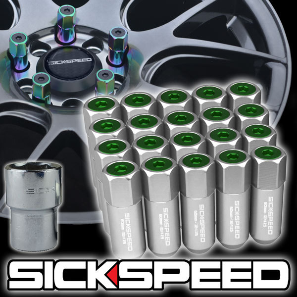 SICKSPEED 20 PC POLISHED/GREEN CAPS ALUMINUM 60MM LOCKING LUG NUTS 12X1
