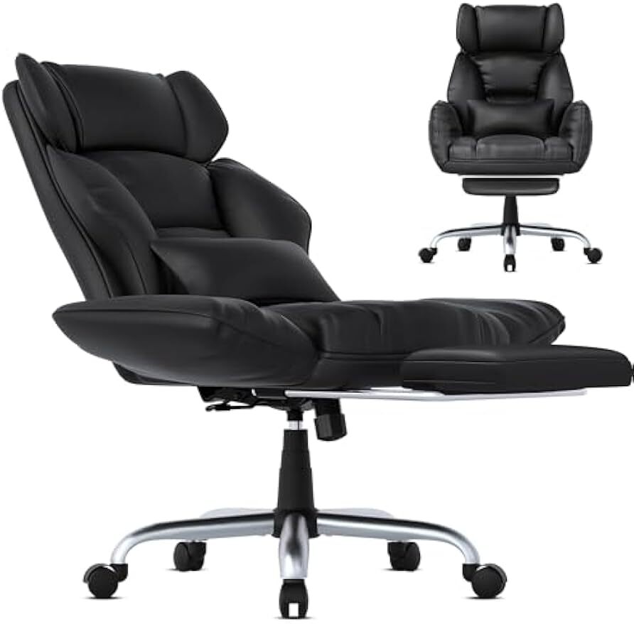 Office Chair with Footrest, Cross-Legged Leather Chair with Reversible Armrests
