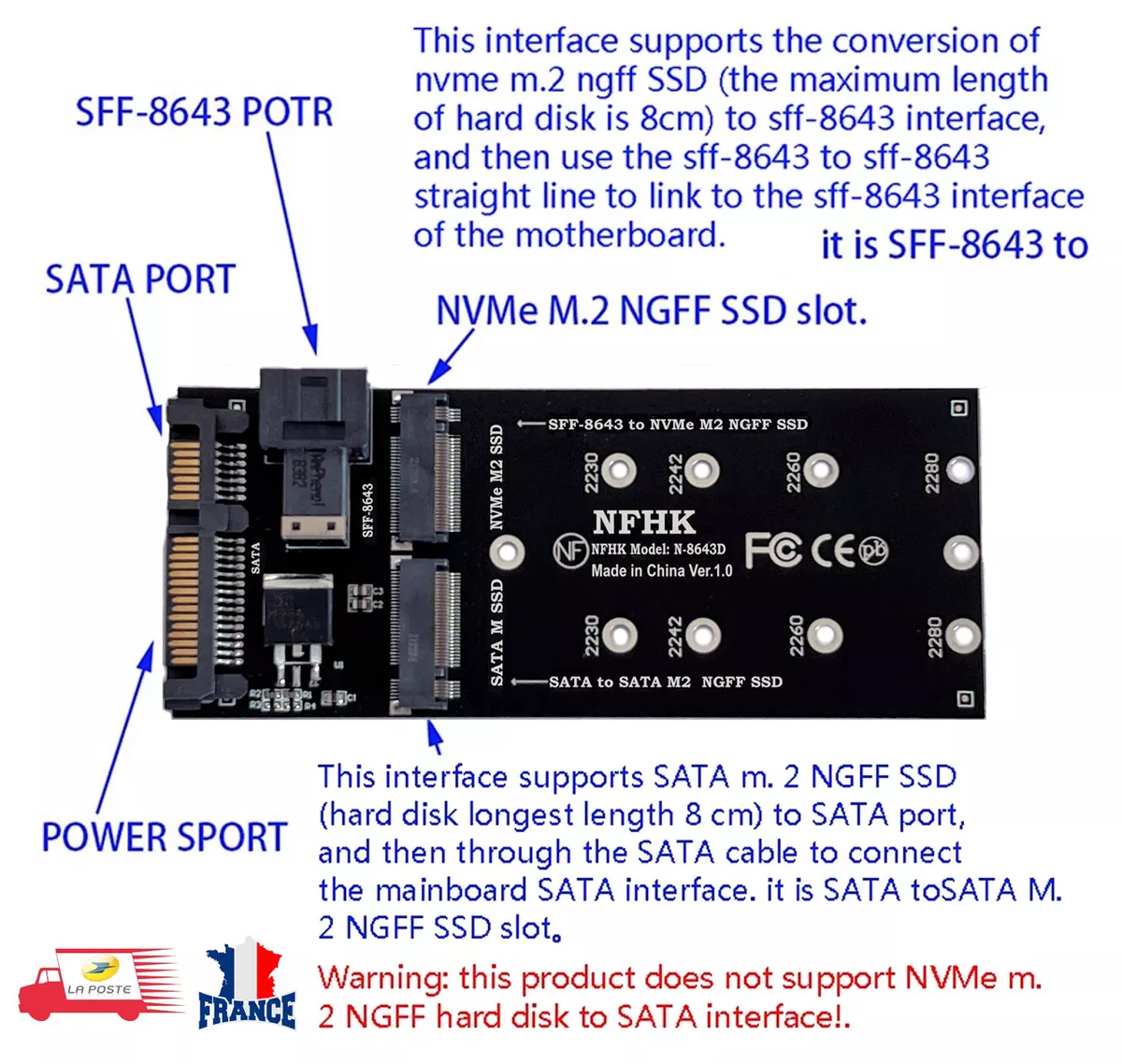 Adaptateur SATA 22Pin SFF-8643 vers NVMe M2 NGFF SSD, SATA vers