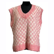FRNCH Paris Womens Pink & White Sleeveless Checkered V-Neck Knit Vest Size Small