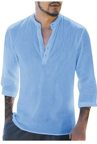 Mens Long Sleeve Henley Shirt Cotton 