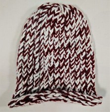 Beanie Knit Hat Sm Winter Stocking Cap Rolled Cuff Handmade Youth Red White