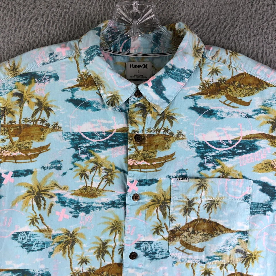 Hurley 纽扣衬衫男式大号蓝色热带 Outrigger Smiley 经典合身海滩 — 第 2/4 张图片