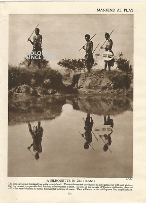 Südafrika A SILHOUETTE IN ZULULAND JAGD SPIEL HEIMISCH um 1930 Illustration DRUCK 