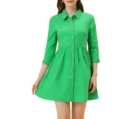Allegra K Womens XS Dress 3/4 Sleeve Button Up Mini Shirt Casual Ruched Green NW - Picture 2 of 5