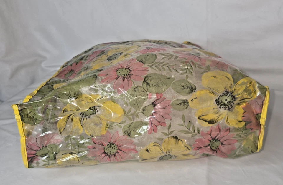 Vtg Retro 60's-70's Vinyl Beach Bag Tote Handbag Yellow a Pink Floral  - Image 4 of 4